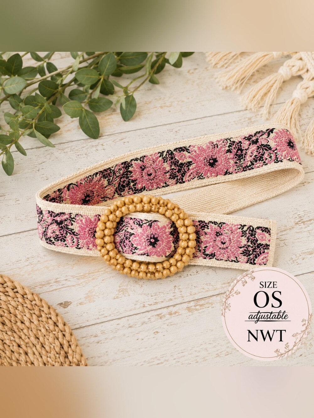 POL NWT Floral Beaded Buckle Boho Belt Pink Ivory OS